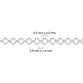 Sterling silver clover chain with measurements on a white background